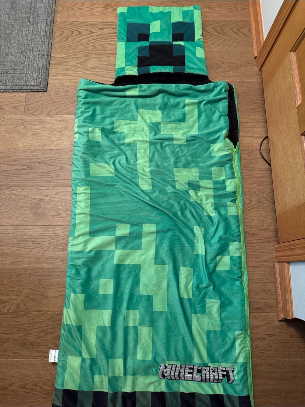 Kids Green Creeper Plush Hooded Minecraft Sleeping Bag